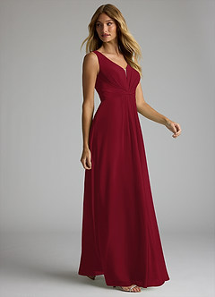 Azazie Gina Bridesmaid Dresses Burgundy A-Line V-Neck Pleated Chiffon Dress image4