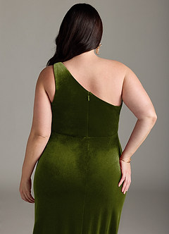 Azazie Argan Bridesmaid Dresses Olive A-Line One Shoulder Pleated Velvet Dress image13