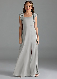 Azazie Bondi Junior Silver A-Line Side Slit Stretch Satin Dress image1