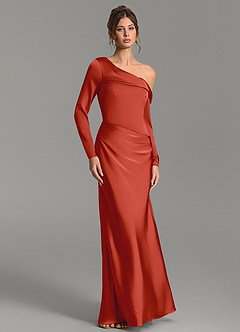 Azazie Sandra Bridesmaid Dresses Rust Mermaid Long Sleeve Stretch Satin Dress image5