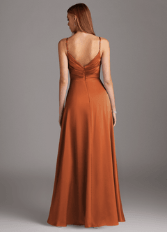 Azazie Calissa Bridesmaid Dresses Cinnamon A-Line V-Neck Pleated Stretch Satin Dress image2