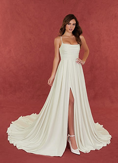 Azazie Caymus Wedding Dresses Cream A-Line Scoop Pleated Crepe back satin Dress image7