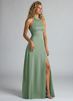 Azazie Clarice Robes de demoiselle d'honneur Robe Trapèze en Satin extensible Col Haut Matcha image2