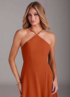 Azazie Bailey Bridesmaid Dresses Burnt Orange A-Line Halter Side Slit Chiffon Dress image7