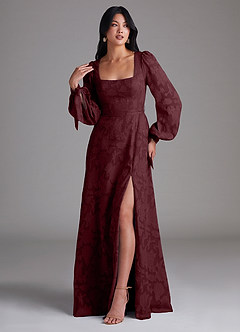 Azazie Leonia Bridesmaid Dresses Cabernet A-Line Long Sleeve Floral Burnout Dress image4