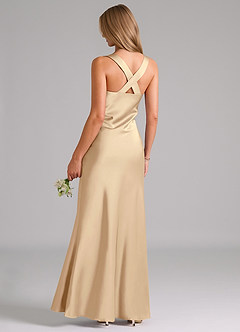 Azazie Kamila Bridesmaid Dresses Champagne A-Line Pleated Stretch Satin Dress image2