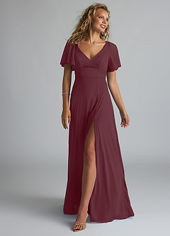Azazie Induh Brautjungfernkleider A-Linie Flattert V-Hals Gittergewebe Kleid Cabernetrot image1