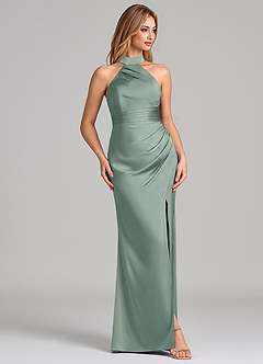 Azazie Karlotta Bridesmaid Dresses Silver Sage Sheath Pleated Stretch Satin Dress image5