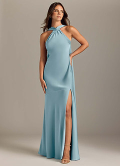 Azazie Kinsley Bridesmaid Dresses Moody Blue Mermaid Side Slit Stretch Satin Dress image1