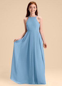 Azazie Arianthe Junior Abito A-Line in Chiffon Plissettato Blu Acciaio image3