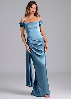 Azazie Kalysia Brautjungfernkleider Wandelbar Meerjungfrau-Linie Schulterfrei Stretch-Satin Kleid Stahlblau image4