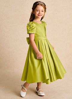 Azazie Miriam Flower Girl Dresses Lemongrass Ball-Gown Pleated Matte Satin Dress image6