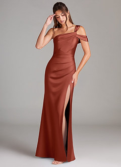 Azazie Wynter Bridesmaid Dresses Terracotta Sheath Off the Shoulder Stretch Satin Dress image3