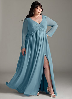 Azazie Teton Robes de demoiselle d'honneur de maternité Robe Trapèze Manche longue Longueur ras du sol Mousseline de soie image11