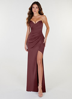 Azazie Yola Bridesmaid Dresses Sangria Sheath V-Neck Pleated Stretch Satin Convertible Dress image1