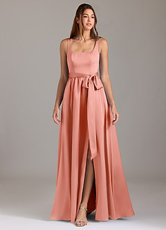 Azazie Elliott Bridesmaid Dresses Coral A-Line with Pockets Stretch Satin Dress image3