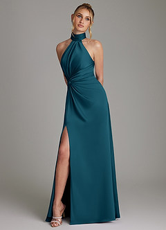 Azazie Gracelynn Bridesmaid Dresses Ink Blue Sheath Pleated Stretch Satin Dress image5