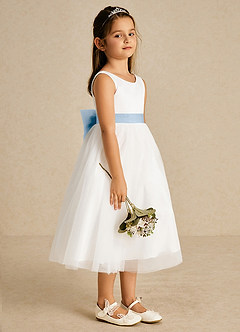 Azazie Kavi Flower Girl Dresses Ivory Powder Blue A-Line Bow Matte Satin Dress image4