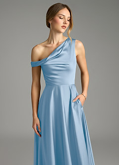 Azazie Xanthe Bridesmaid Dresses Powder Blue A-Line Off the Shoulder Stretch Satin Dress image5