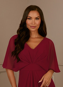 Azazie Oksana Mother of the Bride Dresses Burgundy A-Line V-Neck Pleated Chiffon Dress image4