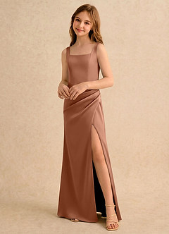 Azazie Noah Girls Formal Flower Girl Dresses Bronzer Sheath Pleated Stretch Satin Dress image5