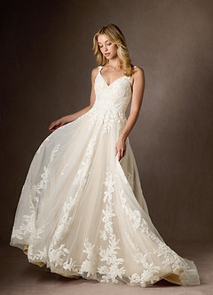Azazie Delaina Wedding Dresses Diamond White Champagne A-Line V-Neck Sequins Tulle Dress image4