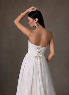 Azazie Adriana At-home Try On Dresses Diamond White Champagne A-Line Strapless Lace Dress image4