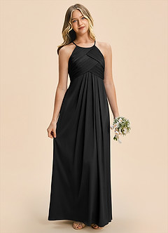Azazie Ginny Junior Vestido Negro de Satén Elástico de Corte en A con Plisado image4