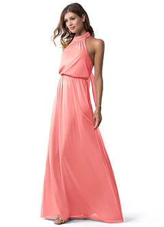 Azazie Landry Bridesmaid Dresses Coral A-Line Pleated Mesh Dress image4