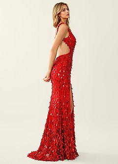 Veda Rouge Robe de bal sirène scintillante à col en V et fente haute image6