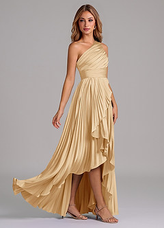 Azazie Lyrica 신부 들러리 드레스 A라인 한쪽 어깨 스트레치 새틴 비대칭 드레스 image2