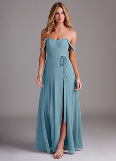 Azazie Aaron Brautjungfernkleider Wandelbar A-Linie Schulterfrei Chiffon Kleid Stimmungsvolles Blau image4