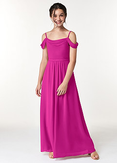 Azazie Alivia Junior Fuchsia A-Line Off the Shoulder Chiffon Dress image5