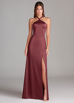 Azazie Elliana Bridesmaid Dresses Merlot Sheath Side Slit Stretch Satin Dress image5