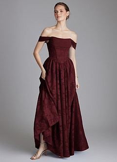 Azazie Raisa Bridesmaid Dresses Cabernet A-Line Off the Shoulder Floral Burnout Dress image6