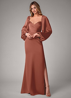 Azazie Sonata Bridesmaid Dresses Auburn Sheath Long Sleeve Stretch Satin Convertible Dress image1