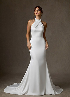 Azazie Tulipa Wedding Dresses Diamond White Sheath High Neck Stretch Satin Dress image1