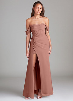 Azazie Amyra Bridesmaid Dresses Cedar Rose Sheath Off the Shoulder Chiffon Convertible Dress image1