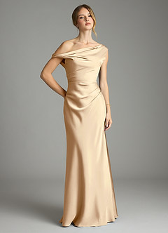 Azazie Emerson Bridesmaid Dresses Champagne Mermaid Off the Shoulder Stretch Satin Dress image1