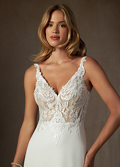 Azazie Clementina Wedding Dresses Diamond White Nude A-Line V-Neck Sequins Stretch Crepe Dress image5