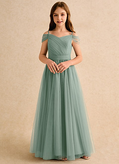 Azazie Yuna Girls Formal Flower Girl Dresses Silver Sage A-Line Off the Shoulder Tulle Dress image4