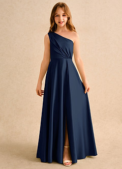 Azazie Puddles Girls Formal Flower Girl Dresses Dark Navy A-Line One Shoulder Matte Satin Dress image4