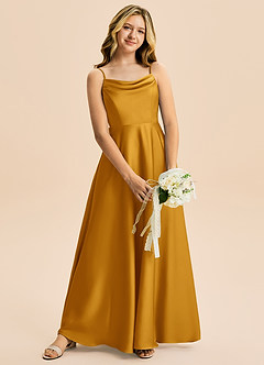 Azazie Isolde Junior Robe Trapèze en Satin extensible Plissée Caramel écossais image2