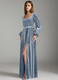 Azazie Leonia Bridesmaid Dresses Dusty Blue A-Line Long Sleeve Velvet Dress image5