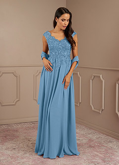Azazie Amethyst Mère de la mariée Robes Robe Trapèze en Mousseline de soie Paillettes col V Acier Bleuté image1