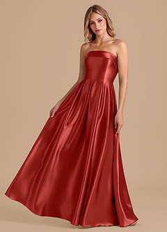 Azazie Lucienne 신부 들러리 드레스 A라인 주름진 메탈릭 새틴 바닥 길이 드레스 image1