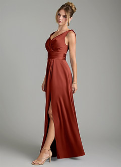 Azazie Karina Bridesmaid Dresses Terracotta A-Line Pleated Stretch Satin Dress image3