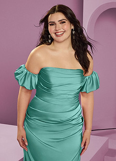 Barbie ♥ Azazie Jurken voor bruidsmeisjes Converteerbaar Jurk van Stretch Satijn met Kolom Off the Shoulder Aqua image15