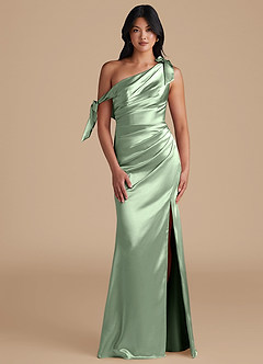 Azazie Xyla Robes de demoiselle d'honneur Robe Fourreau Convertible en Satiné métallisé Épaule décolletée Matcha image1