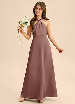 Azazie Beah Junior Espresso A-Line Pleated Stretch Satin Dress image2